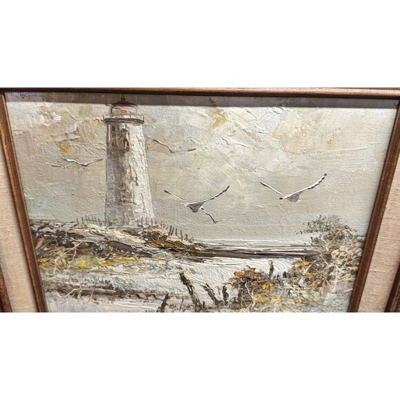 Vintage Lighthouse Oil Painting Signed Serone Framed Seascape Made in Mexico - Picture 3 of 6
